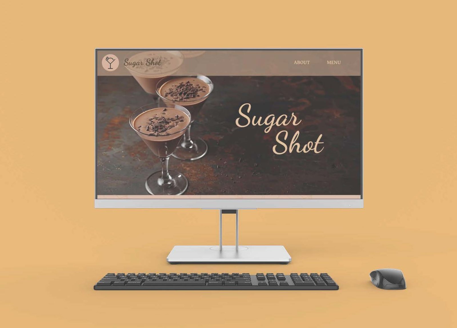 A desktop computer against a yellow background with an image of a restarant website